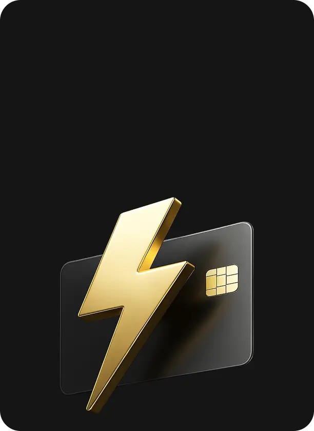 Black credit card with a golden chip and a large golden lightning bolt symbol in front, on a black background.